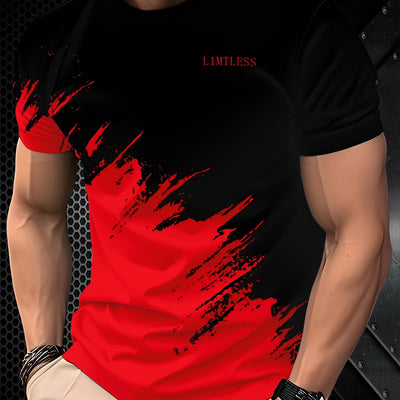 Men's Casual 3D Digital Print Short Sleeve T-Shirt - Black with Red & Gray Brush Stroke Design, Breathable Summer Tee, Regular Fit, Machine Washable, Casual Attire, Modern Textile Technology