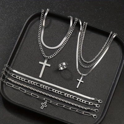 10pcs Casual Stainless Steel Cross Bracelet Necklace Ring Set for Men, Perfect for Vacation or Daily Wear, Gift Idea (No Box Included)