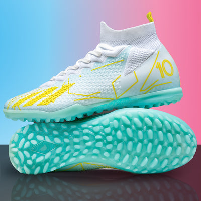 Men's Anti-Slip Soccer cleats with AG/FG/TF Studs - Professional Football shoes, Lightweight TPU/Rubber Outsole, Ankle Support, White & Turquoise Accents - for Matches, Training, Grass, Indoor/Outdoor - All-Season cleats for