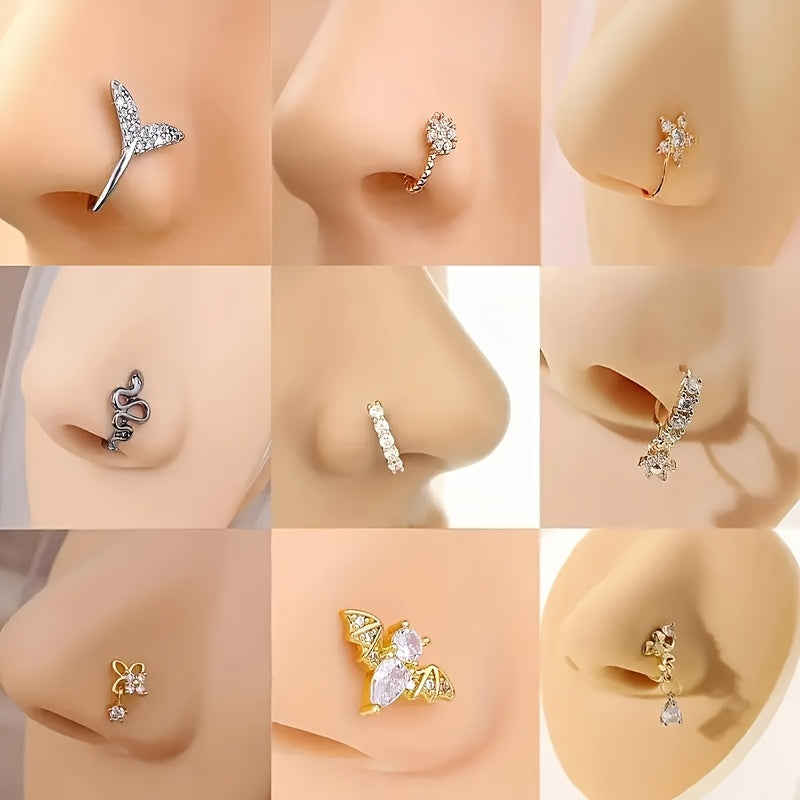 10pcs Set of Non-Piercing Nose Clips - Cute and Sexy Copper Cubic Synthetic Zirconia Design, U-shaped Heart, Crown, Butterfly and Star Patterns, Suitable for Daily Wear