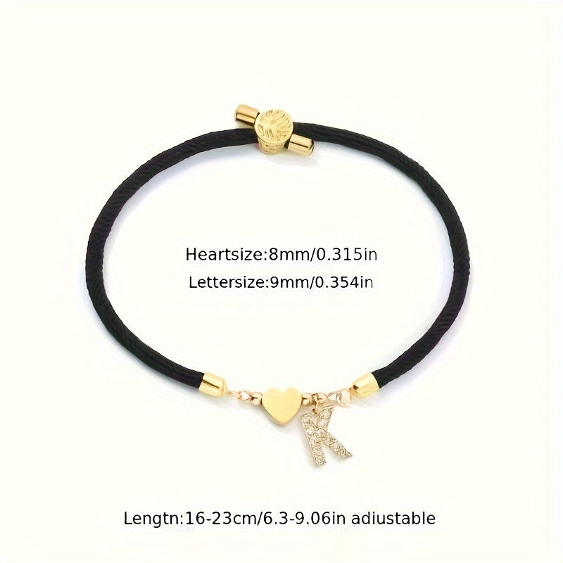 18K Golden Plated Heart Charm Bracelet with Synthetic Zirconia Letter Pendants A-Z, Simple Classic Black Polyester Cord, Adjustable for Daily Wear and Gift-Giving
