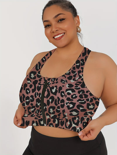 Women's High-Impact Sports Bra with Front Zipper & Removable Pads - Leopard Print Design, High-Elasticity Fabric, Round Neck for Yoga, Running, Gym - Machine Washable, Yoga Accessories, Elegant Sportswear, Durable Sportswear