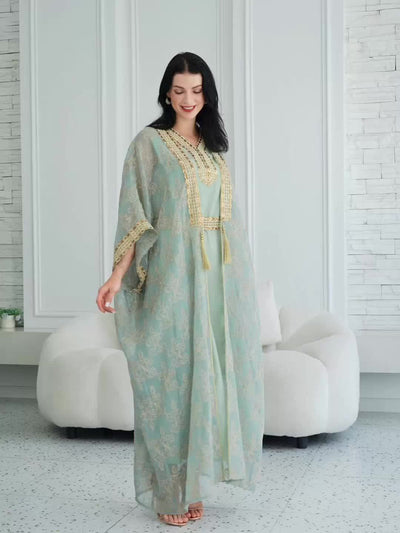 Oriental Style Sequined Lace Two-Piece Mesh Abaya Dress for Women, Middle Eastern Traditional Long Robe