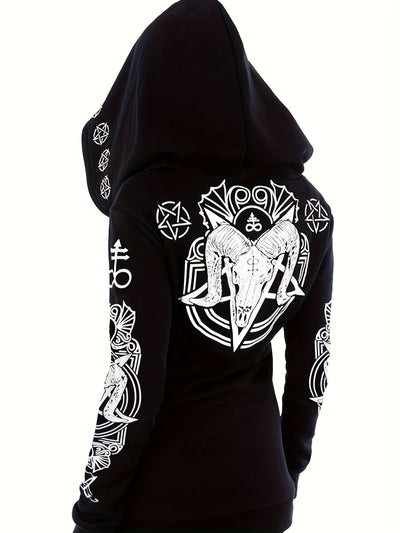 سويت شيرت نسائي بسحاب مطبوع عليه هندسي على طراز البانك