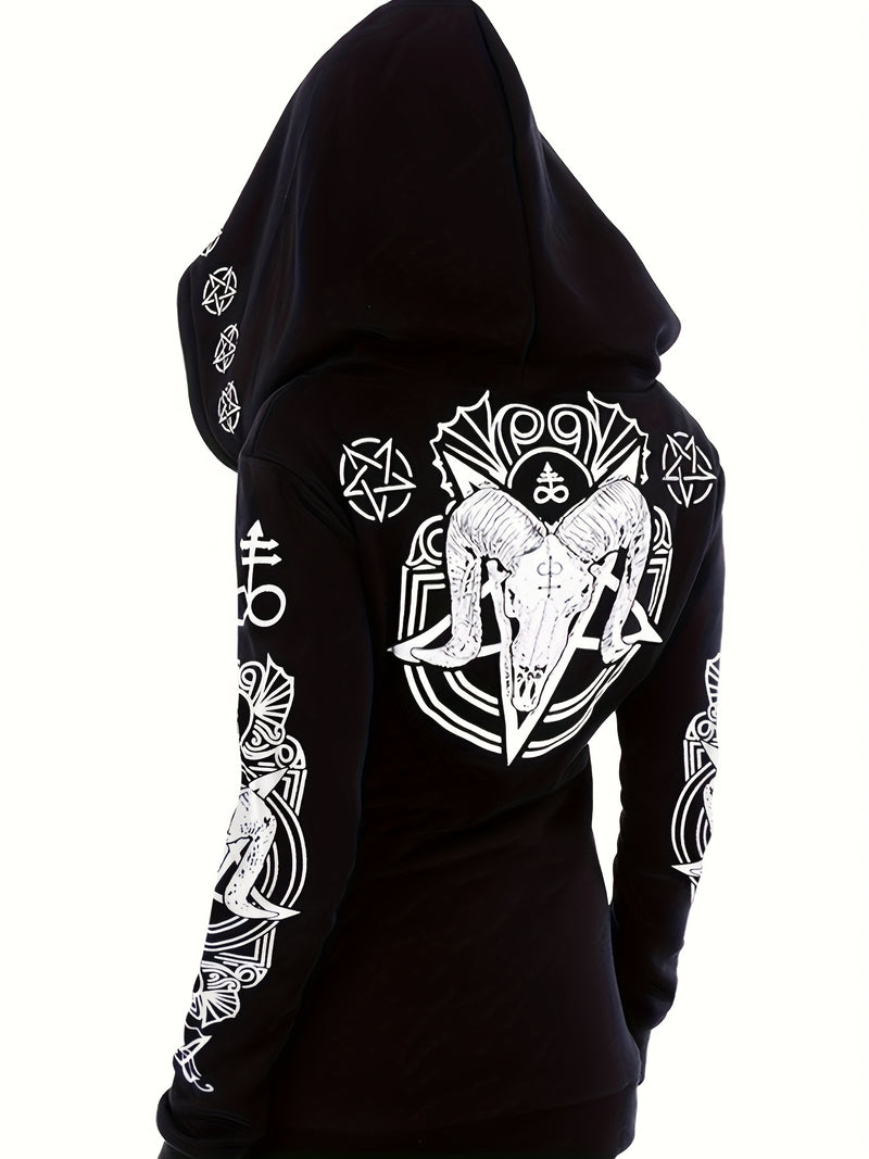 سويت شيرت نسائي بسحاب مطبوع عليه هندسي على طراز البانك