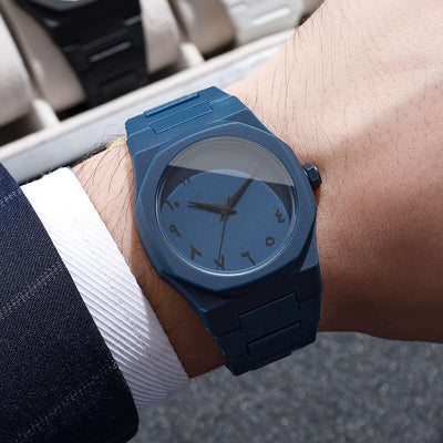 1pc Men'S Fashionable Quartz Watch with Arabic Numerals, Blue Dial & Black Strap - Stylish Minimalist Design, Battery-Powered, Non-Rechargeable, Includes Watch Box (Box Not Included), Everyday Timepiece, Sleek Watch Face, Dur