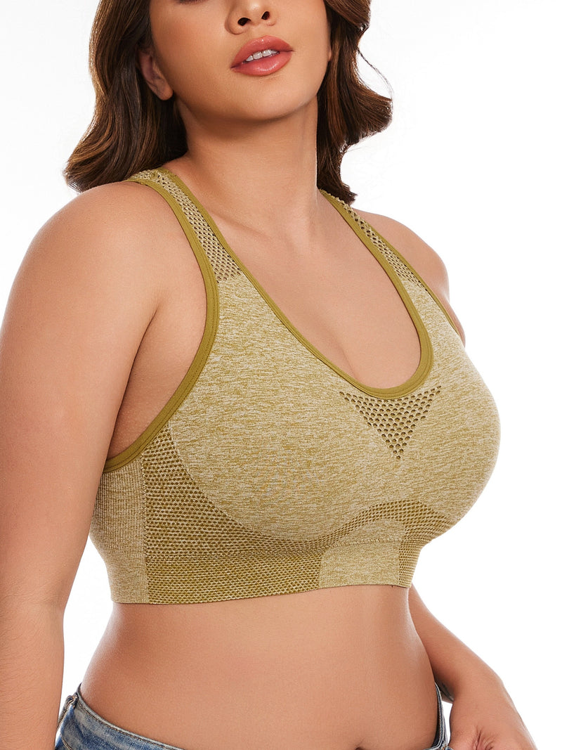 3pcs Plus Size Sports Bras, Polyamide Blend, Hollow Mesh Design, Low Support, Removable Padding, Crew Neck, Medium Stretch, Knit Fabric, with Casual Wear for Women&