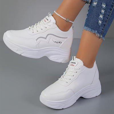 Women's White Platform Sneakers, Casual Lace Up Outdoor Shoes, Comfortable Low Top Sport Shoes