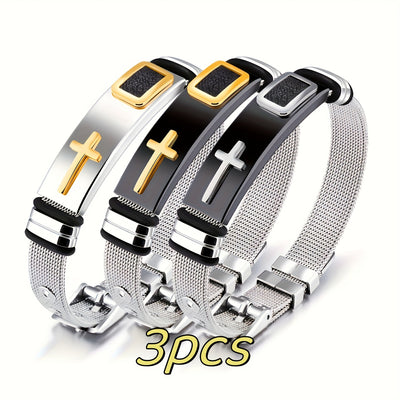 3pcs Cross Titanium Steel Cool Men's And Women's Bracelet, Smooth Decoration Casual Fashion Stainless Steel Set Bracelet Gifts