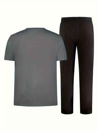 Men'S Casual Sports Two-Piece Set Short Sleeve Top Straight Leg Pants with Paris Print, Fashionable And Trendy, Ideal for Summer, Parties, Casual Outings, And Everyday Wear, Everyday Wear|Short Sleeve Top|Print Trousers