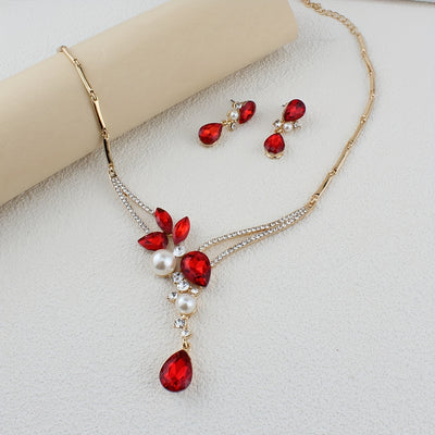 Elegant Golden-Tone Jewelry Set with Red Glass & Rhinestone - Includes Earrings, Necklace, Ring - Zinc Alloy, Sparkling Bridal & Party Accessories, Ideal for Weddings, Mother'S Day, and Special Occasions - Chic & Sophisticate