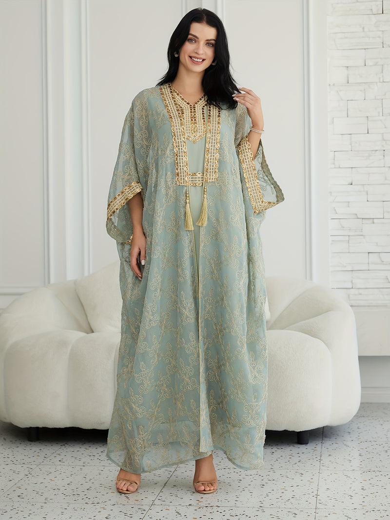 Oriental Style Sequined Lace Two-Piece Mesh Abaya Dress for Women, Middle Eastern Traditional Long Robe