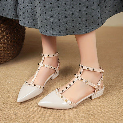 Women'S Elegant Pointed Toe Stiletto Sandals with Rivet Embellishments, Mid-Heel, Buckle Closure, Summer Fashion, Rubber Sole, Synthetic Cover - Hand Wash Only, Stylish Outdoor Shoes | Buckle Closure Sandals | Decorative Rive