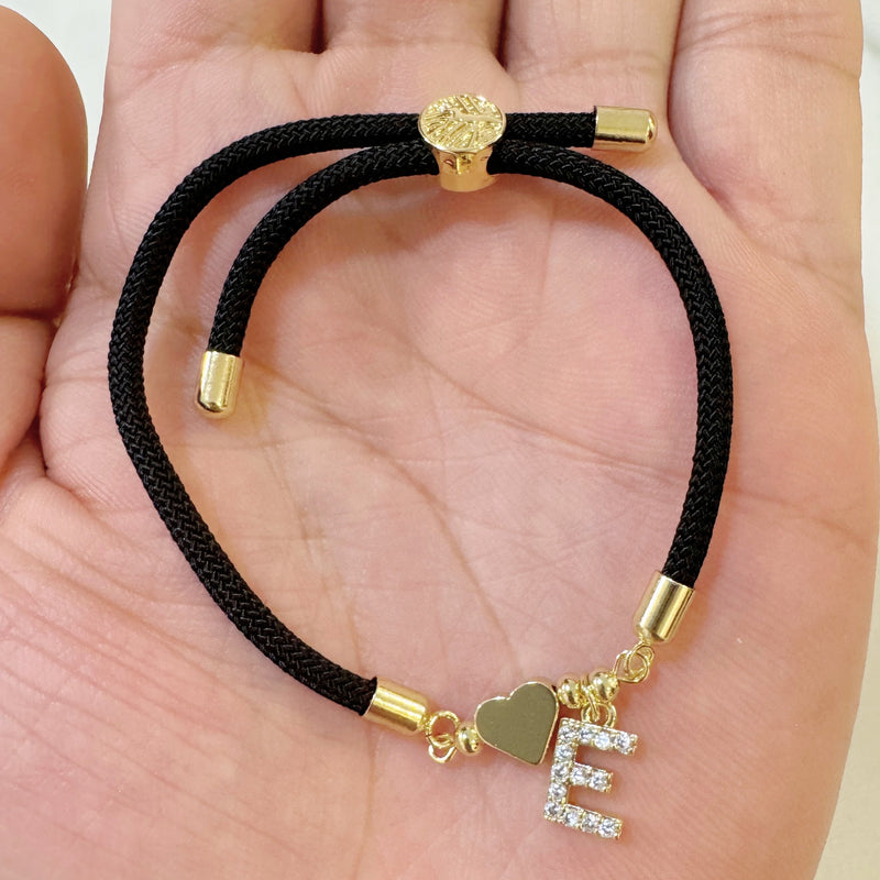 18K Golden Plated Heart Charm Bracelet with Synthetic Zirconia Letter Pendants A-Z, Simple Classic Black Polyester Cord, Adjustable for Daily Wear and Gift-Giving