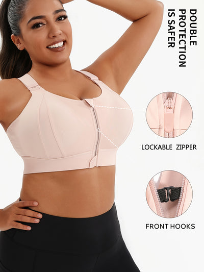 A Women'S Front-Zip Sports Bra, Featuring High Support And Plus Sizes, with Adjustable Straps, Suitable for Yoga, Fitness, And Workouts.