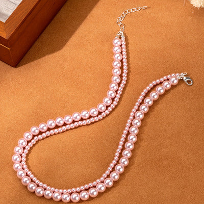 One Piece Double Layer Pink Pearl Necklace, Sweet and Cute, Simple Resin Design, All Season Daily Wear, Valentine'S Day Gift