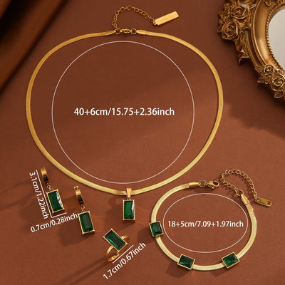 5pcs Elegant Golden-Tone Stainless Steel Jewelry Set with Green Zirconia - Includes Necklace, Earrings, Ring, and Bracelet - Perfect for Women'S Daily Wear or Gifting, Jewelry Set