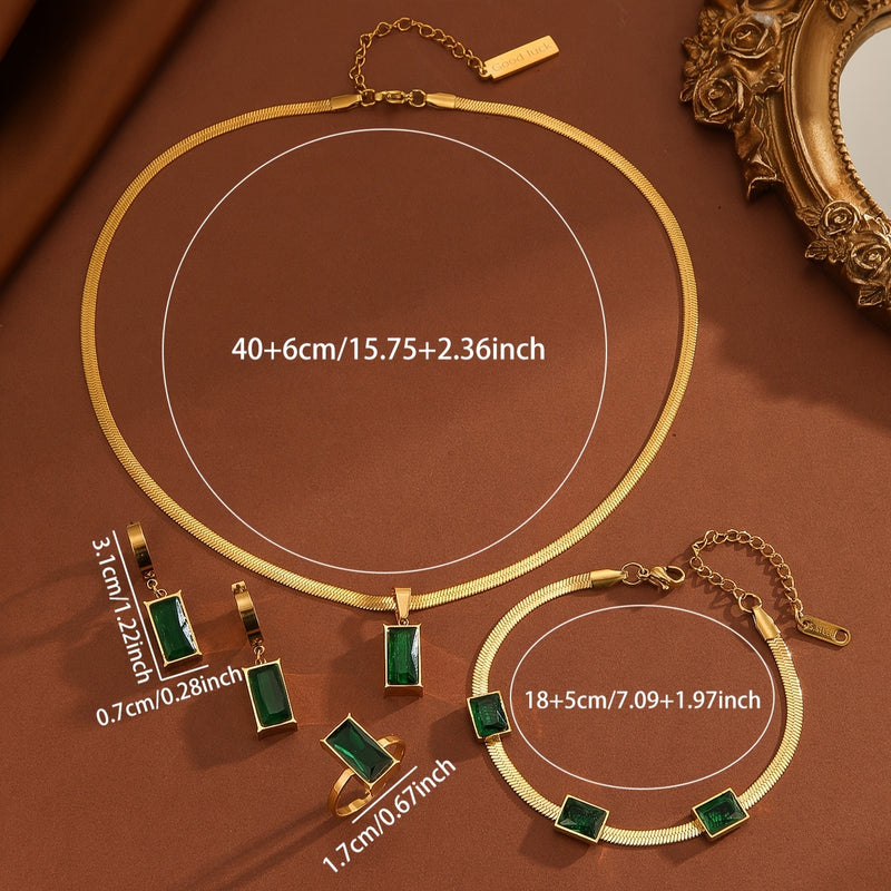 5pcs Elegant Golden-Tone Stainless Steel Jewelry Set with Green Zirconia - Includes Necklace, Earrings, Ring, and Bracelet - Perfect for Women&