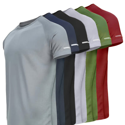 6pcs Moisture-Wicking Quick-Dry Athletic T-Shirts with Reflective Stripes - Breathable Gym Running Shirts in Grey/Navy/Black/White//Red, Workout Shirts, Casual Sporty Look, Breathable Fabric, Smooth Texture Shirt, Sports Perf