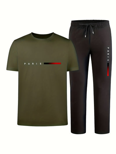 Men'S Casual Sports Two-Piece Set Short Sleeve Top Straight Leg Pants with Paris Print, Fashionable And Trendy, Ideal for Summer, Parties, Casual Outings, And Everyday Wear, Everyday Wear|Short Sleeve Top|Print Trousers