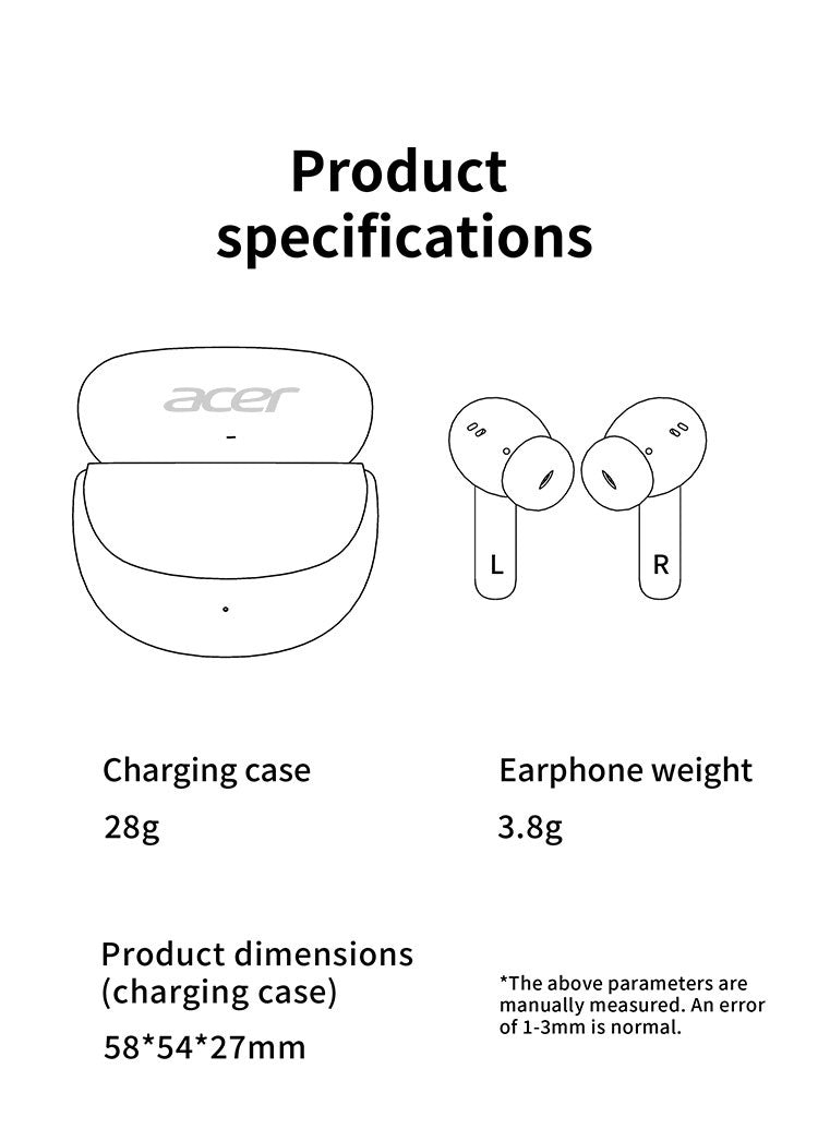 ACER HiFi High-definition Stereo Sound TWS Wireless Earbuds with Call Noise Cancellation, Long Standby Time, Dual Core 5.4 Wireless Chip, HIFI Grade Stereo Sound, Lightweight Touch Design, Fashionable Design, Comfortable for