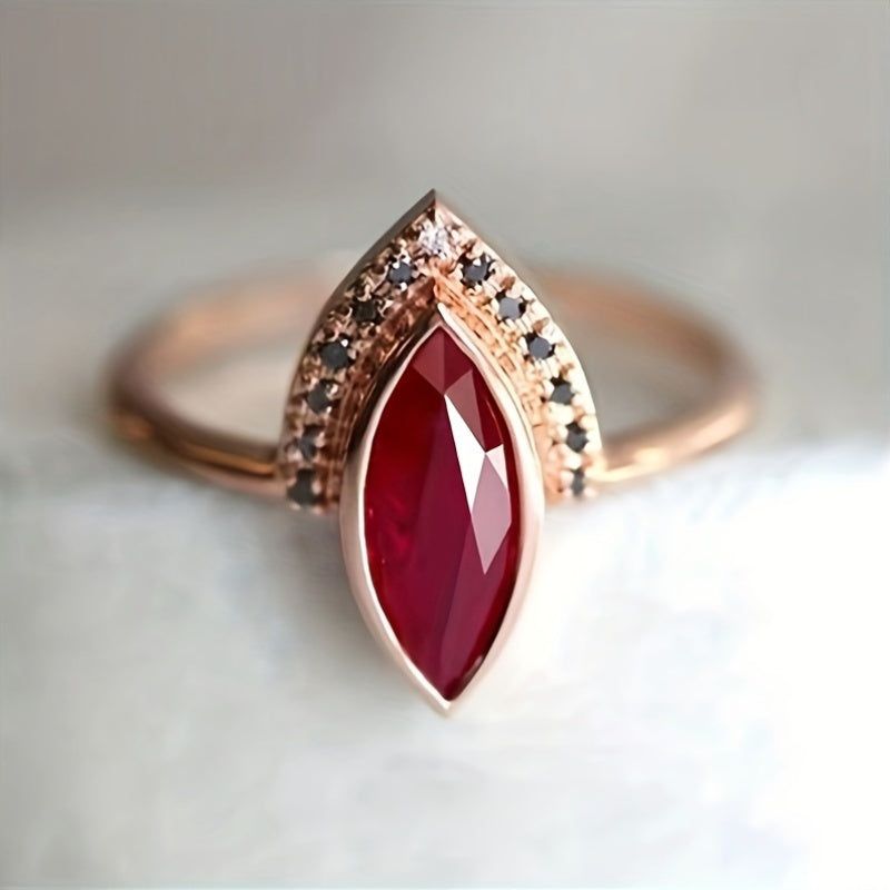 Elegant Style Cuff Ring Set, Marquise-Cut Imitation Red Jade with Surrounding Accent Stones, No Plating, Daily Wear Accessory, Fits All Seasons