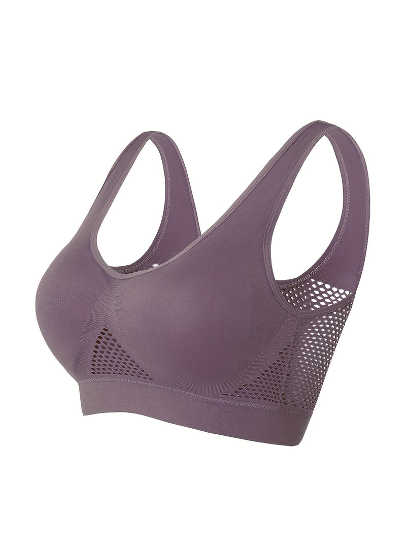 1pc, Esselegance, Sports Bra, Vest, No Rims, with Chest Pads, Mesh, Breathable, High Elasticity, Yoga, Running