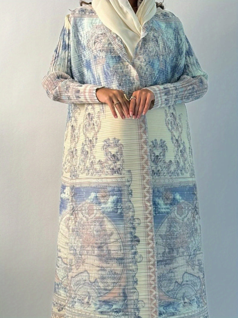 Exclusive Summer New Collection for Eid Al-Fitr 2025, Featuring a Pleated Miyake-Style Coat Cape with Prints, High Elasticity, Ultra-Long Middle Eastern Style Abaya Robe, Suitable for All Seasons. This Versatile Women&