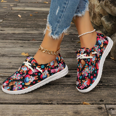 Women's Easter Themed Canvas Shoes, Casual Lace Up Outdoor Shoes, Lightweight Low Top Shoes