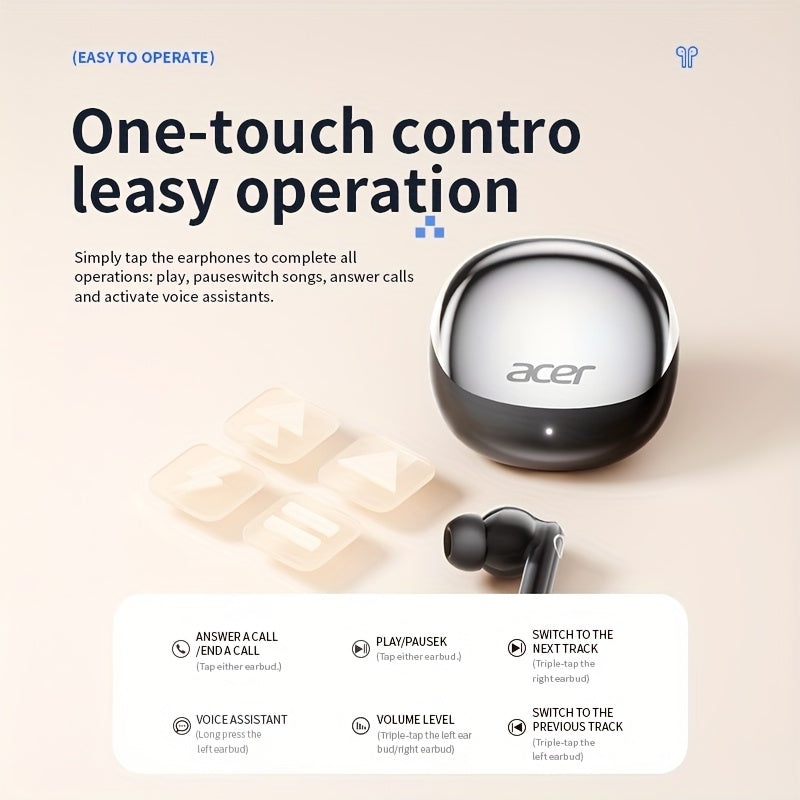 ACER HiFi High-definition Stereo Sound TWS Wireless Earbuds with Call Noise Cancellation, Long Standby Time, Dual Core 5.4 Wireless Chip, HIFI Grade Stereo Sound, Lightweight Touch Design, Fashionable Design, Comfortable for