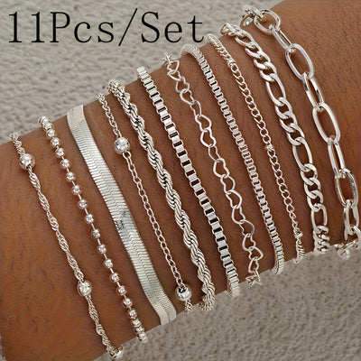 11pcs/12pcs Creative Minimalist Heart Twist Chain Bracelet Set, Stainless Steel with Artificial Crystal Accents, Versatile for Daily Wear & Parties, Valentine'S Day Gift, All-Season Accessory, Party Accessories|Minimalist Bra