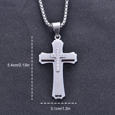 Alpaca Men's 202 Stainless Steel Multi-Layer Cross Pendant Necklace with Black Enamel & Accents - Edgy Modern Design for Festive Occasions, Parties, Music Festivals - Year-Round Versatile Jewelry, Festival Necklace, Intricate