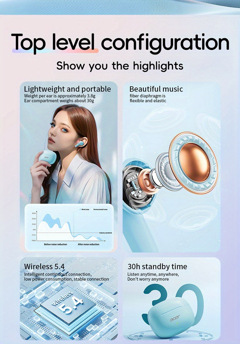 ACER OHR504 Wireless Headphone, Super Long Standby, Wireless Earphone Hi-Fi Stereo Sound, Smart Call Noise Cancellation, Gaming Mode Low Latency,  Comfortable Fit for Travel, Sports, Work, Study, Game, Multi-Device, Ideal Chr