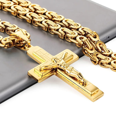 Men's 304L Stainless Steel Triple Cross Pendant Necklace with U-Shaped Flat Link Chain - Golden-Tone Religious Jewelry for Casual & Formal Wear, Everyday Fashion Accessory, Stylish Accessory, Highquality Finish