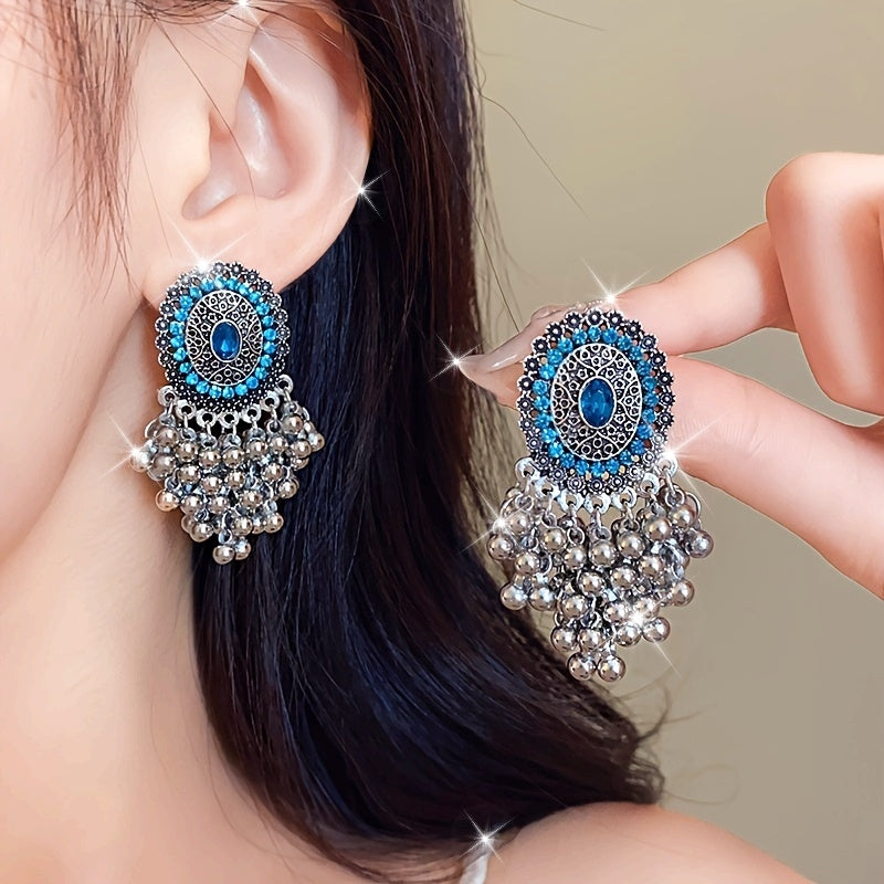 Elegant Court-Style Rhinestone Tassel Earrings - Stainless Steel Posts, Alloy with Sparkling Gems for Parties & Banquets