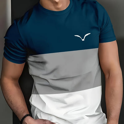 1pc Men'S Casual Crew Neck T-Shirt, Geometric Striped Print, Breathable Polyester Knit Fabric, Short Sleeve Sports Tee for Spring/Summer, Street Fashion Style