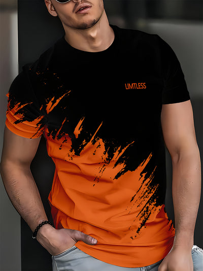 Men's Casual 3D Digital Print Short Sleeve T-Shirt - Black with Red & Gray Brush Stroke Design, Breathable Summer Tee, Regular Fit, Machine Washable, Casual Attire, Modern Textile Technology
