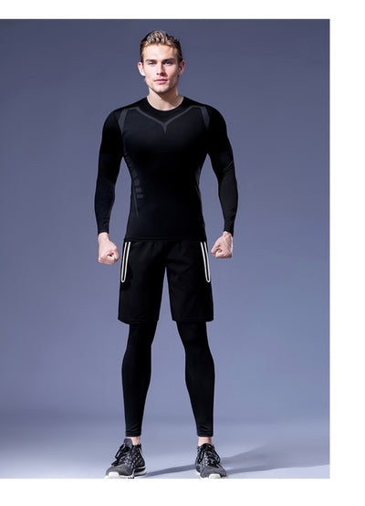 5pcs Men's Athletic Set - Polyester & Spandex Blend, High Stretch Knit Fabric, Hooded Zip-Up Jacket, Printed Sports Vest, Compression Long Sleeve Top, Shorts & Leggings for Running, Basketball, Training - Four Seasons Workout