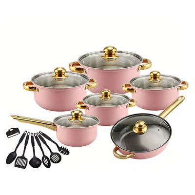 18pcs Pink Stainless Steel Cookware Set with Non-Stick Pans & Lids - Induction Compatible, Stackable Space-Saving Design, Golden-Toned Black Lids & Black Utensil-Friendly Sides, Heat-Resistant Durable 410 Stainless Steel Cons