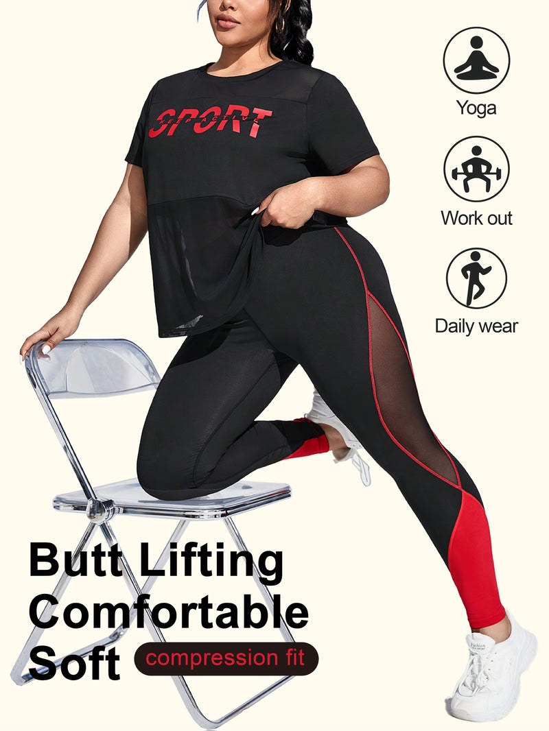 Plus Size Yoga Casual Sports Mesh Patchwork Logo Print Short Sleeve Set, Elegant Style, Crew Neck, High Stretch Fabric, All-Season Wear, with Butt Lifting and Comfortable Soft Compression Fit