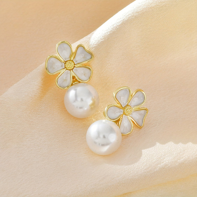 [NEW]A Pair of 2pcs, White Oil Drop Flower Round Bead Earrings, High-Quality Jewelry, Upgraded Fashionable Earrings, High-End Decorative Earrings, Suitable for Daily Wear, Wedding Season Accessories, Suitable for Gifts for Gi