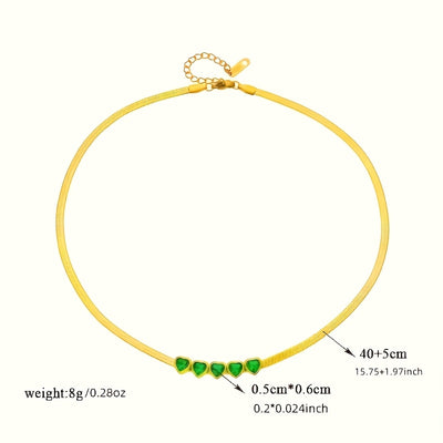 Elegant & Luxurious Golden-Tone Stainless Steel Necklace for Women - Multi-Green Heart Pendant Bohemian Style Jewelry, Durable Tarnish-Resistant Design for Weddings, Vacations, Daily Wear, Parties - Perfect Gift for Her, Char