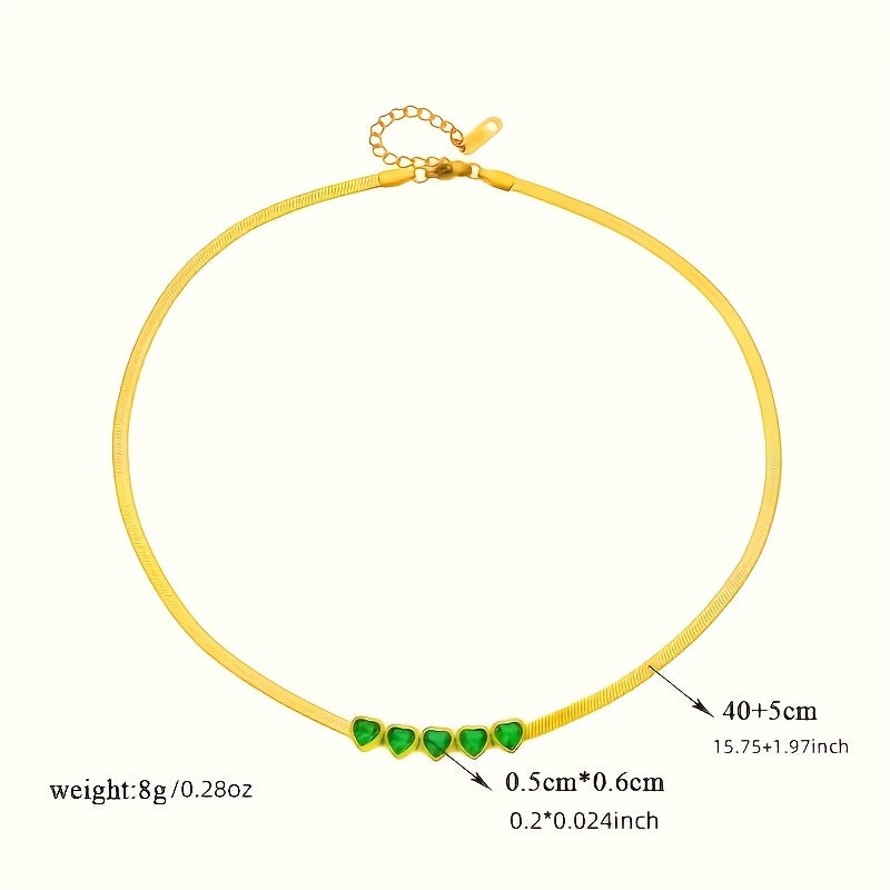 Elegant & Luxurious Golden-Tone Stainless Steel Necklace for Women - Multi-Green Heart Pendant Bohemian Style Jewelry, Durable Tarnish-Resistant Design for Weddings, Vacations, Daily Wear, Parties - Perfect Gift for Her, Char
