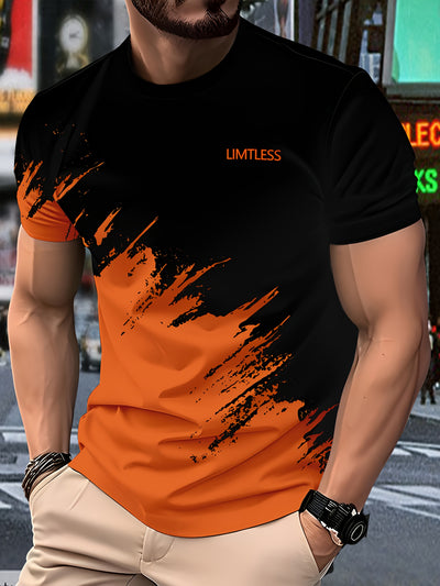Men's Casual 3D Digital Print Short Sleeve T-Shirt - Black with Red & Gray Brush Stroke Design, Breathable Summer Tee, Regular Fit, Machine Washable, Casual Attire, Modern Textile Technology