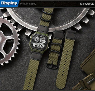 SYNOKE Men's Digital Sports Watch - Shockproof, Luminous Display with Stopwatch & Alarm, Nylon Strap